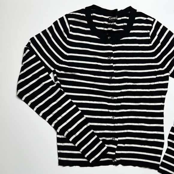 Express Striped Black and Offwhite Button Up Cardigan Diamond Sparkly Buttons - Picture 2 of 3